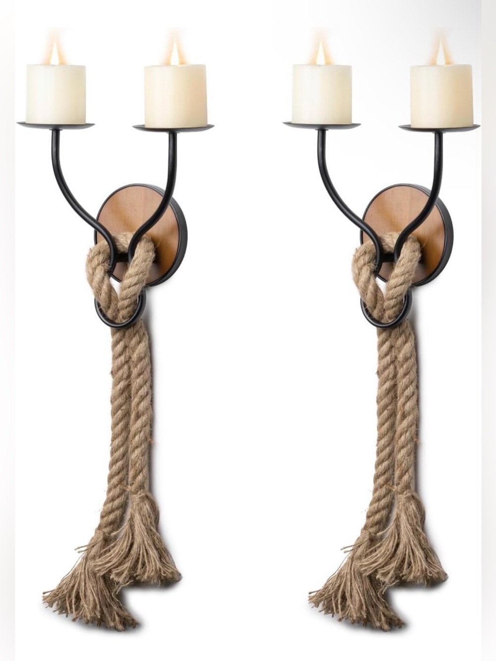 Set of 2 Wall-Mount Metal and Wooden Candle Holders Hanging